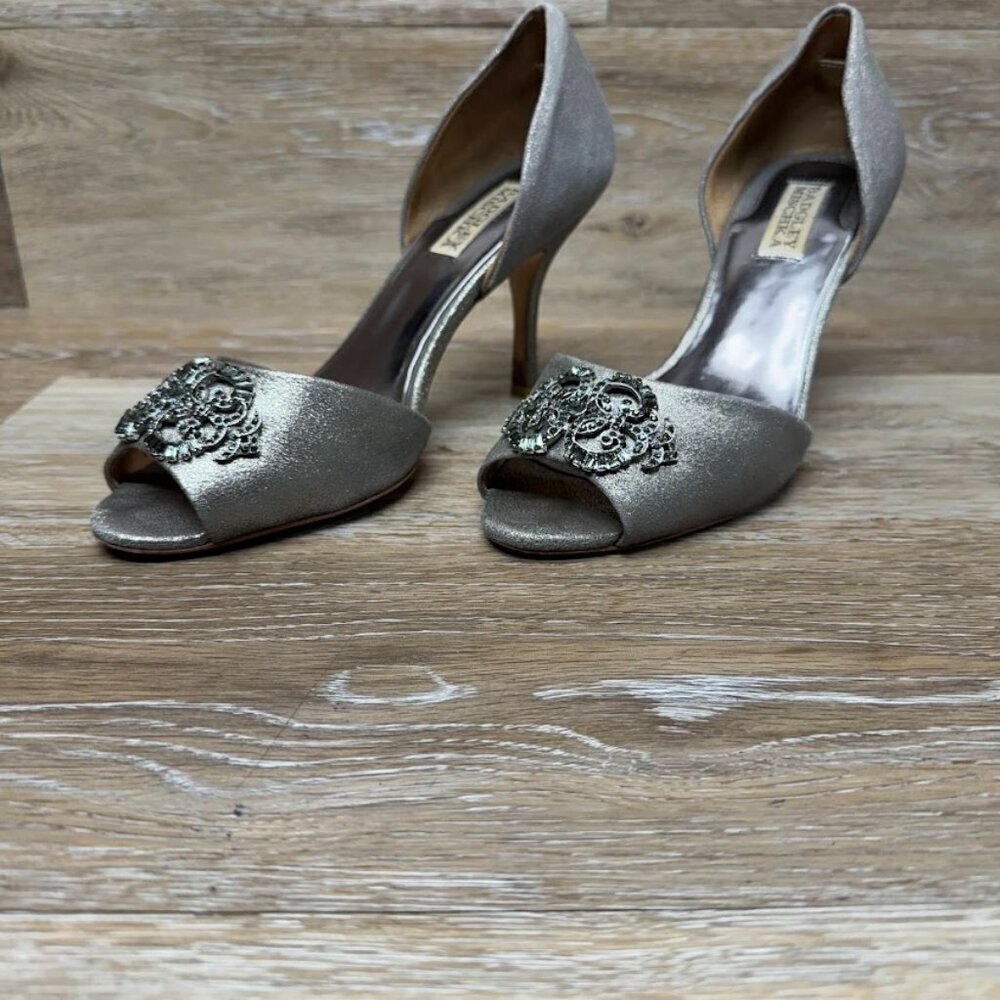 Badgley Mischka Salsa Pewter Rhinestone Brooch D'Orsay Pumps Women's Siz…